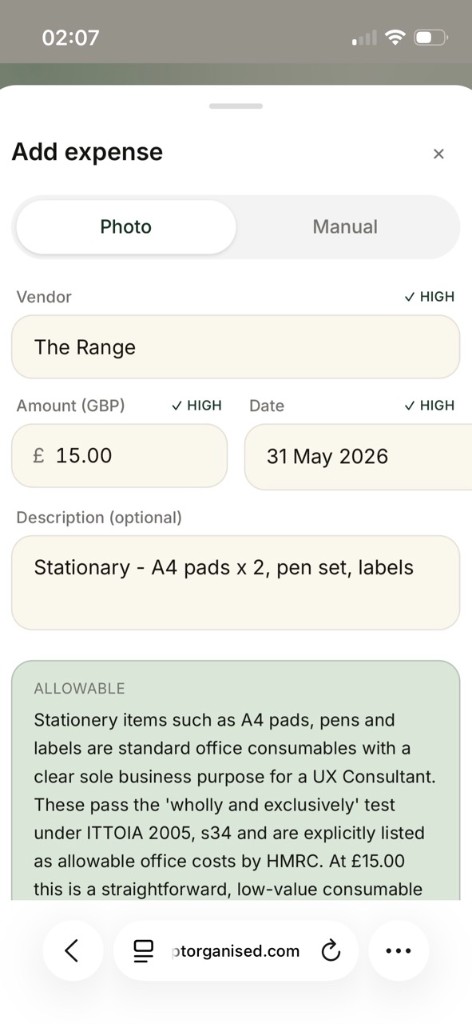 Tidysum expense classification screen showing AI reasoning for an allowable expense