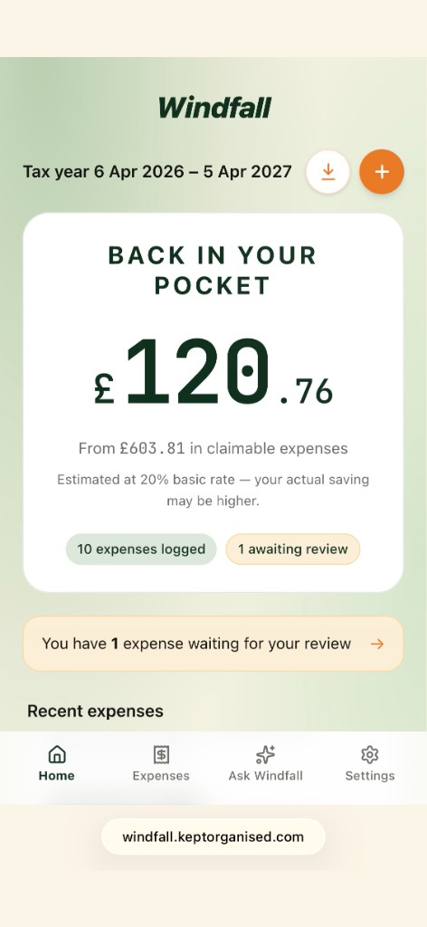 Tidysum dashboard showing total deductions and estimated tax saving